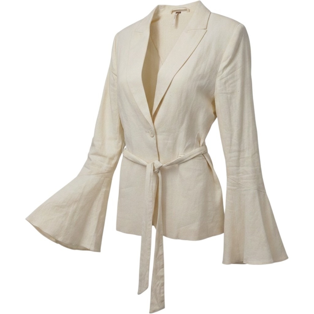 Free People Linen Blend Blazer Women Small Cream Belted Bell Sleeve Boho Neutral